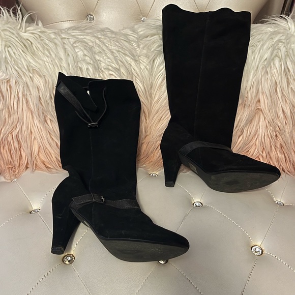 Colin Stuart Black Suede Buckle Cone Heel Boots Size 11B - Picture 4 of 16